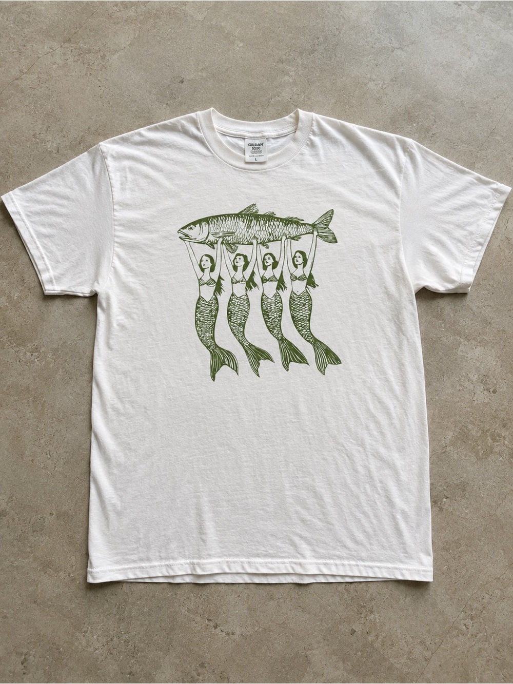 White Tee with Olive Green Mermaid Fish Print T-shirt